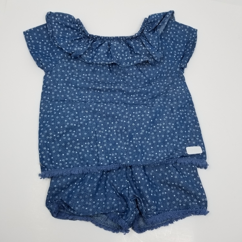 7 For All Mankind Short Sleeve Top 3T & Short 3T Denim Ruffle Fringe Hem Print - Picture 8 of 8